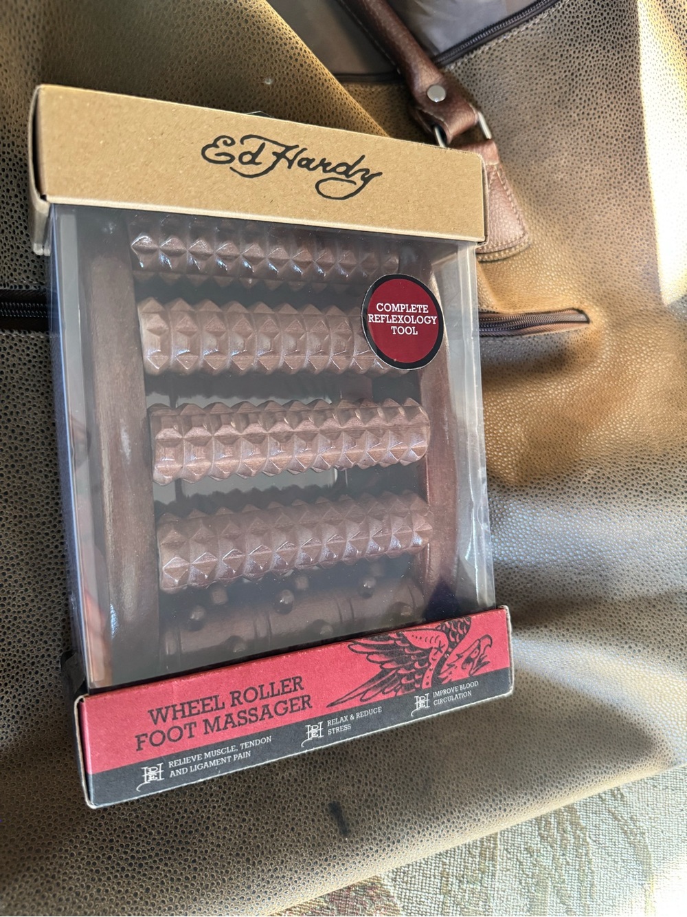 BRAND NEW-never opened Ed Hardy REFLEXOLOGY Wheel Roller Foot Massager - Brown